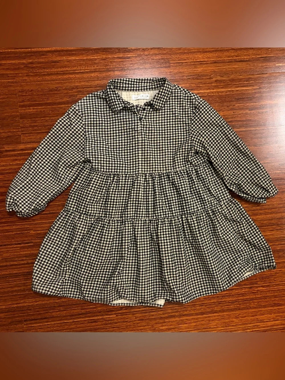 Zara Girls Tan & Black Gingham Check Corduroy Tiered Long Sleeve Dress Size 10